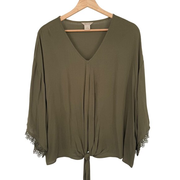 Ariat Olive Green V-Neck Blouse Lace Detail & Tie Front womens size Large - Picture 1 of 12
